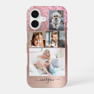 4 Photos, Faux Brushed Metal, Glitter, Script Name iPhone 16 Case