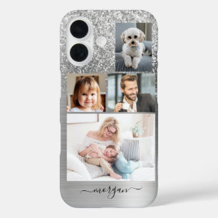 4 Photos, Faux Brushed Silver Metal, Glitter, Name iPhone 16 Case