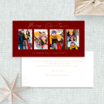 4 Photos Gold Script Burgundy Merry Christmas Holiday Card<br><div class="desc">4 Photos Gold Script Burgundy Merry Christmas. Available digitally and printed. Modern and minimalist,  with a stylish set script for Merry Christmas. Replace the sample pictures with your own fun pictures and personalise the rest of the words on each side as required.</div>