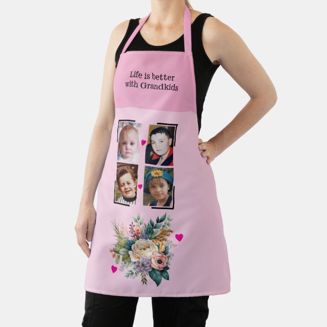 4 photos grandchildren floral pink apron (Insitu)