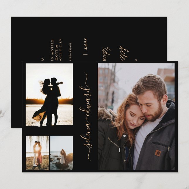4 Photos Grid Black Gold Script Wedding Invitation (Front/Back)