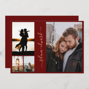 4 Photos Grid Burgundy and Gold Script Wedding Invitation