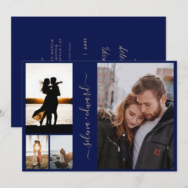 4 Photos Grid Navy Blue and Gold Script Wedding Invitation (Front/Back)