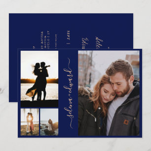 4 Photos Grid Navy Blue and Gold Script Wedding Invitation