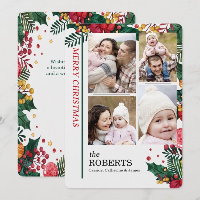 4 Photos Holly and Berries Christmas Holiday Card (Front/Back)