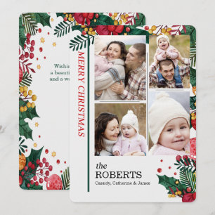 4 Photos Holly and Berries Christmas Holiday Card
