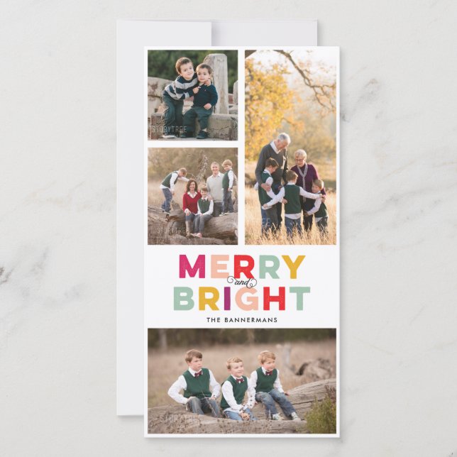 4 Photos Merry Bright and Colourful Holiday Card (Front)