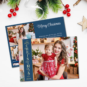 4 photos Merry Christmas blue family gold Foil Holiday Card