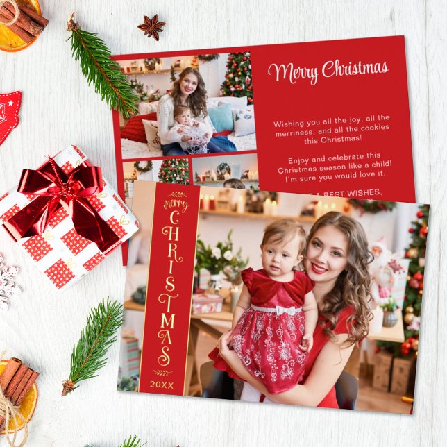 4 photos Merry Christmas red family gold Foil Holiday Card (Creator Uploaded)