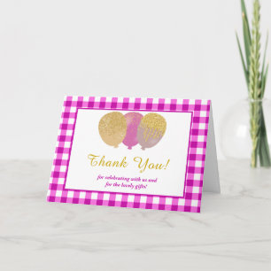 4 Photos Pink Gingham Balloons Birthday  Thank You Card