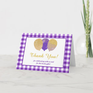 4 Photos Purple Gingham Balloons Birthday  Thank You Card