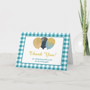 4 Photos Teal Blue Gingham Balloons Birthday  Thank You Card
