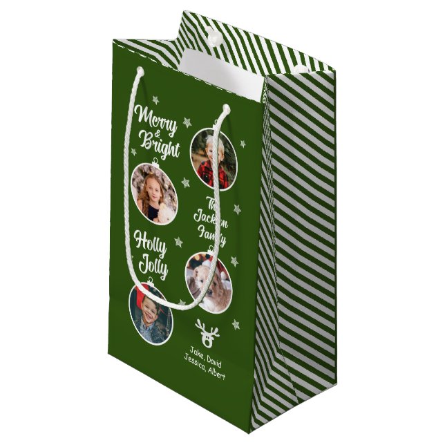 4 Photos White Christmas Ornaments Green  Small Gift Bag (Front Angled)