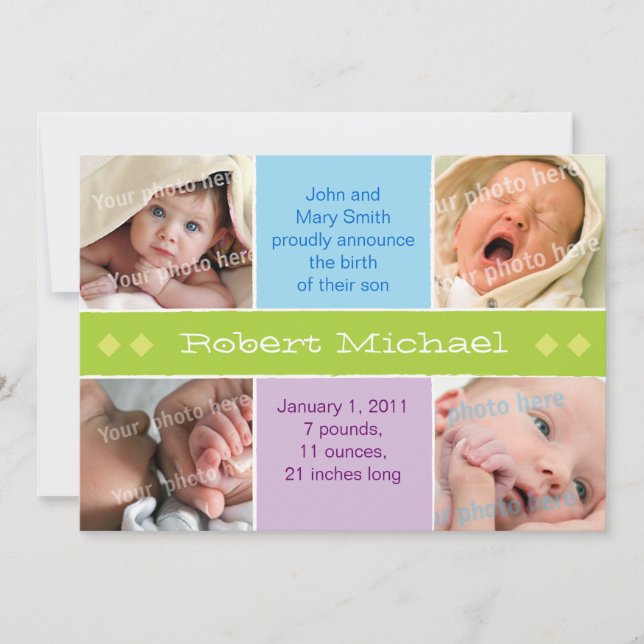 4 picture green birth announcment announcement (Front)