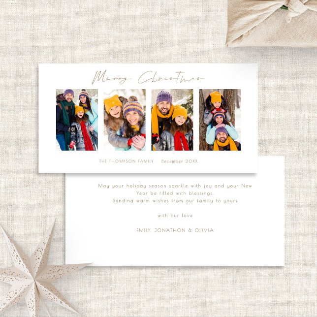 4 Pictures Photo Strip Gold Script Merry Christmas Holiday Card (Front and back view)