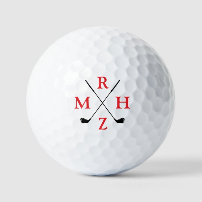 4 Red Initials Monogram with Golf-Clubs Golf Balls (Front)