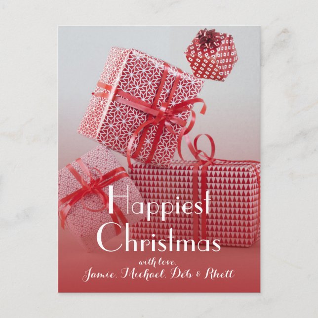 4 red patterned wrapped presents holiday postcard (Front)