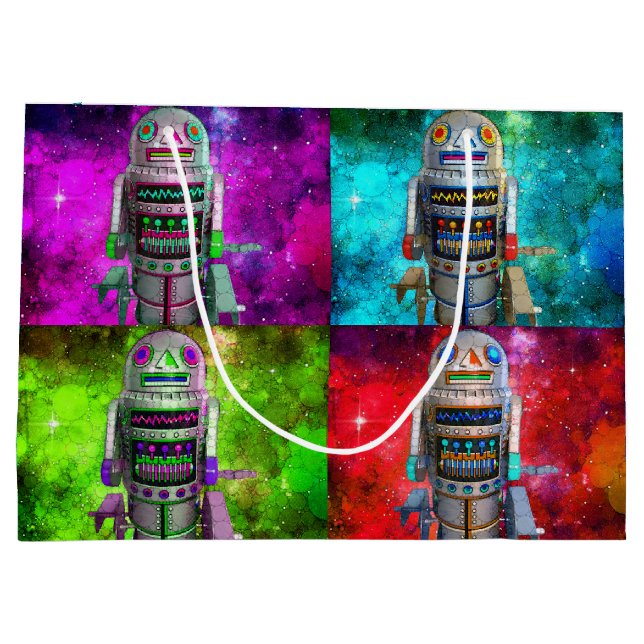 4 sci fi toy robots red green blue purple galaxy large gift bag (Back)