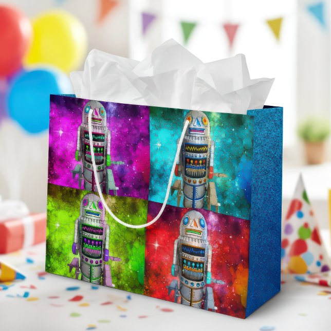 4 sci fi toy robots red green blue purple galaxy large gift bag (Creator Uploaded)