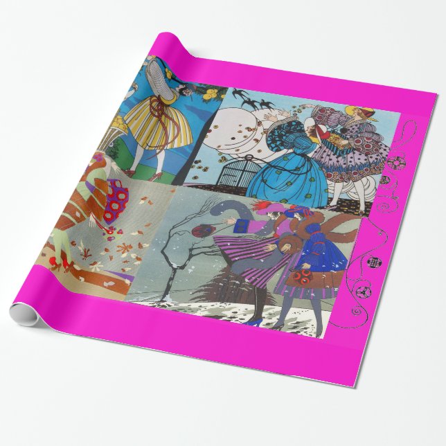 4 SEASONS ARTDECO BEAUTY FASHION ILLUSTRATION,Pink Wrapping Paper (Unrolled)