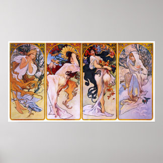 4 Seasons by Alphonse Mucha, Vintage Art Nouveau Poster