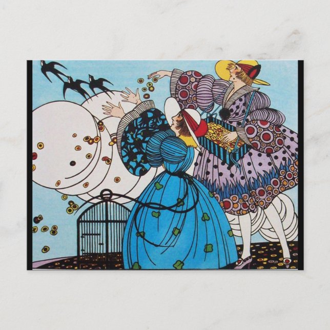 4 SEASONS /SPRING BIRDS /FASHION COSTUME DESIGNER POSTCARD (Front)