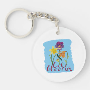 4 Spring and Summer Flowers with Fancy Text Key Ring