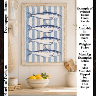4 Stylised Sardines, Blue Stripes FM6R Decoupage Tissue Paper
