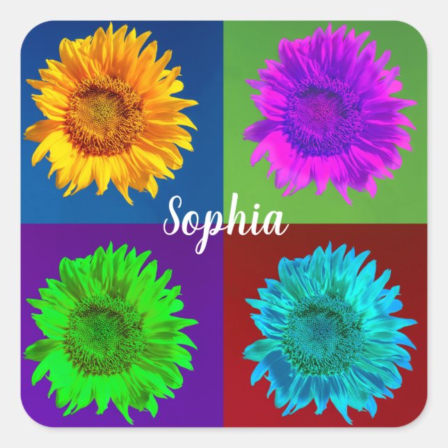 4 Sunflowers In 4 Colourful Squares, DIY Name Square Sticker (Front)