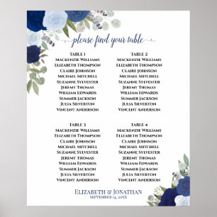 4 Table Blue Boho Floral Wedding Seating Chart