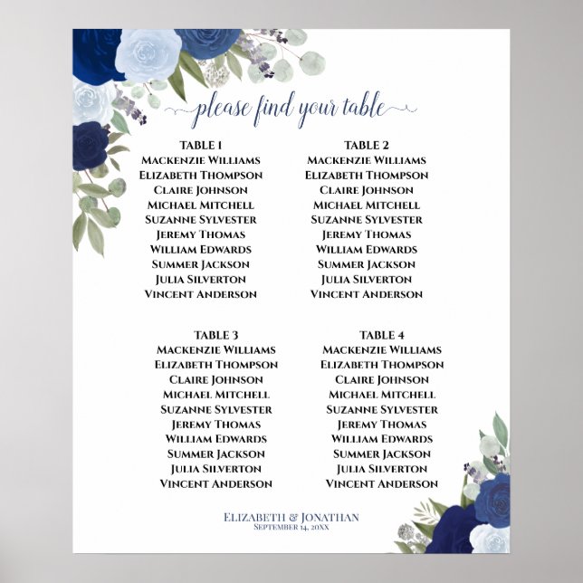 4 Table Blue Boho Floral Wedding Seating Chart (Front)