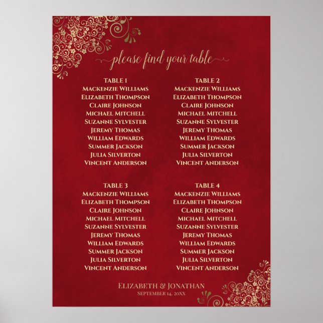 4 Table Crimson Red & Gold Wedding Seating Chart (Front)
