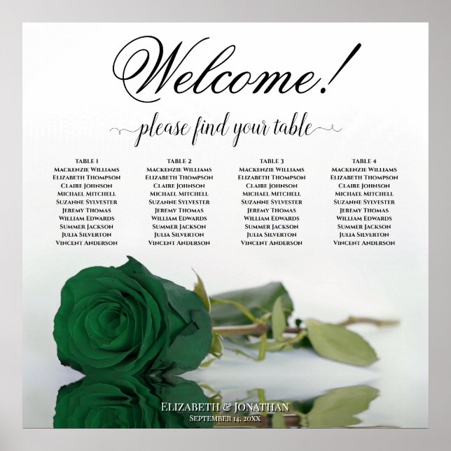 4 Table Emerald Green Rose Elegant Seating Chart (Front)