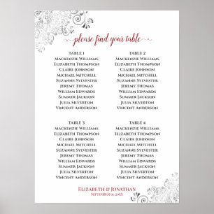 4 Table Frills Wedding Seating Chart Red on White