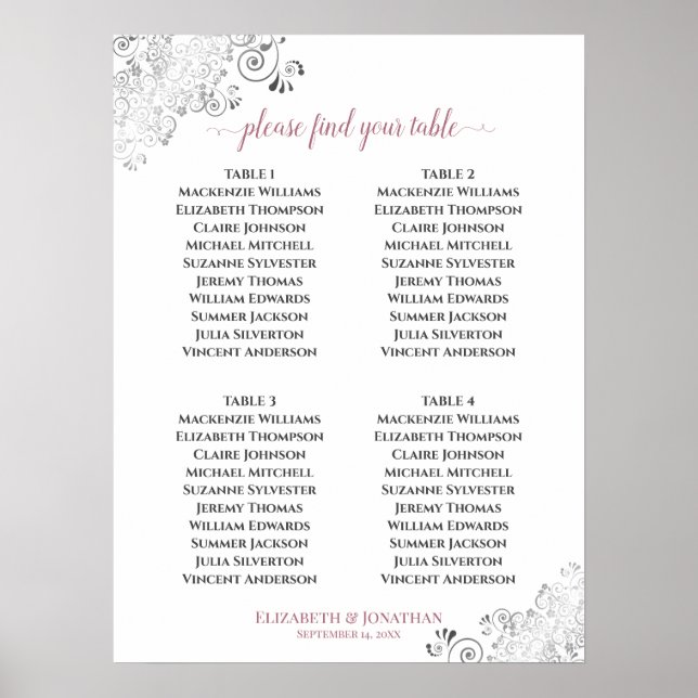 4 Table Frills Wedding Seating Chart Rose on White (Front)