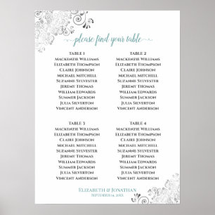 4 Table Frills Wedding Seating Chart Teal on White