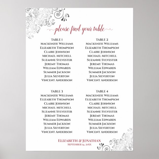 4 Table Frilly Wedding Seating Chart Red on White (Front)