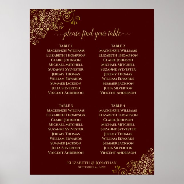 4 Table Gold Frills Wedding Seating Chart Auburn (Front)