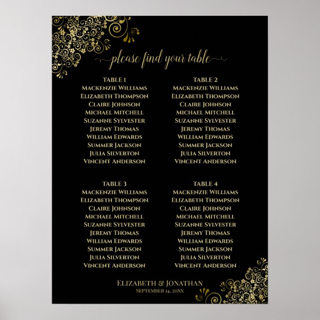 4 Table Gold Frills Wedding Seating Chart Black (Front)