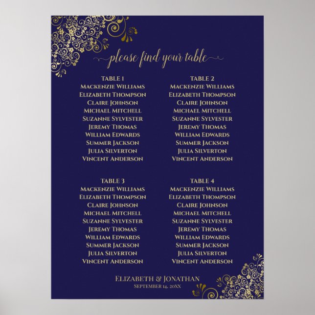 4 Table Lacy Gold Wedding Seating Chart Navy Blue (Front)