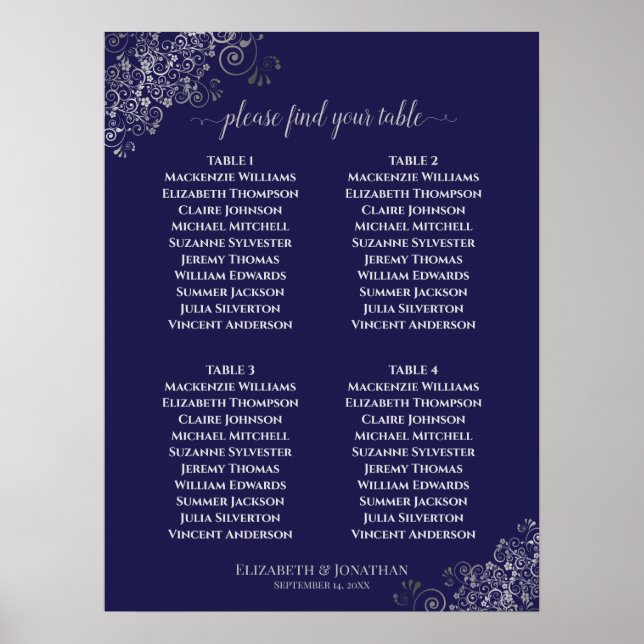 4 Table Lacy Gray Wedding Seating Chart Navy Blue (Front)