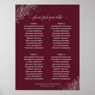 4 Table Lacy Silver Wedding Seating Chart Burgundy