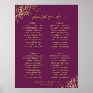 4 Table Magenta Plum & Gold Wedding Seating Chart