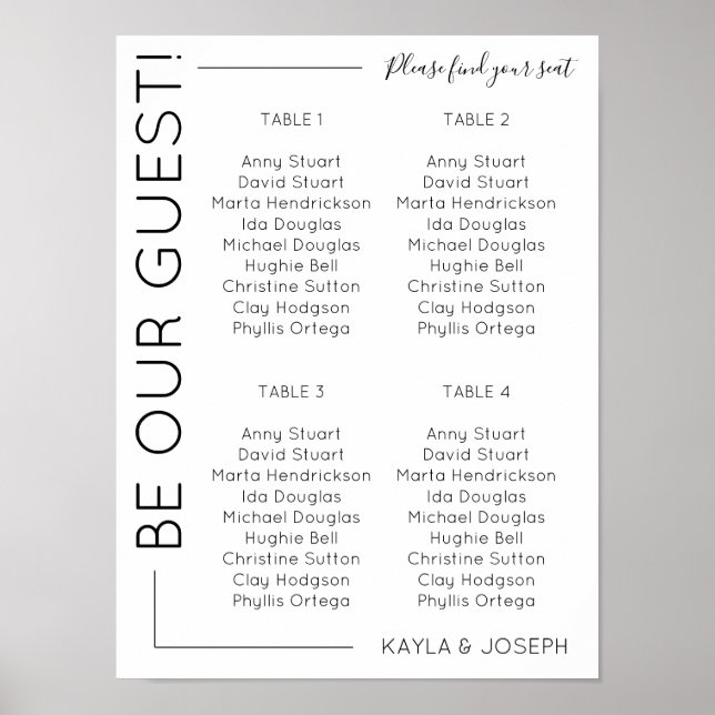 4 table Minimalist Wedding seating chart template (Front)