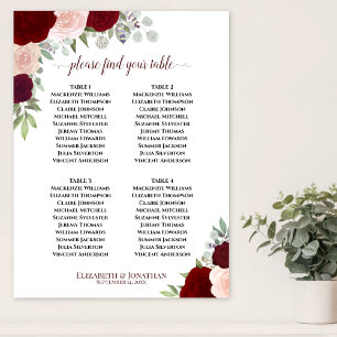 4 Table Red & Pink Roses Wedding Seating Chart