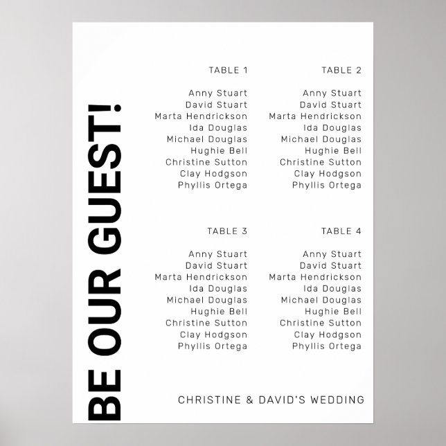 4 table Simple White Wedding seating chart (Front)