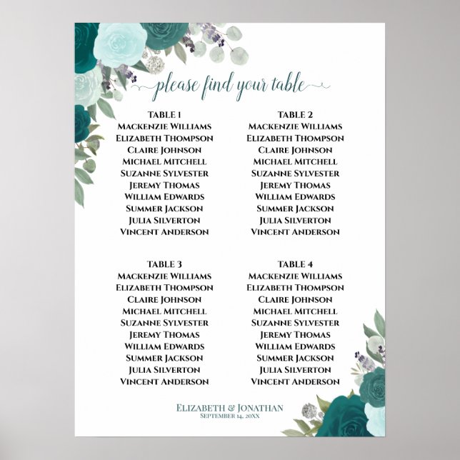 4 Table Teal Roses Elegant Wedding Seating Chart (Front)
