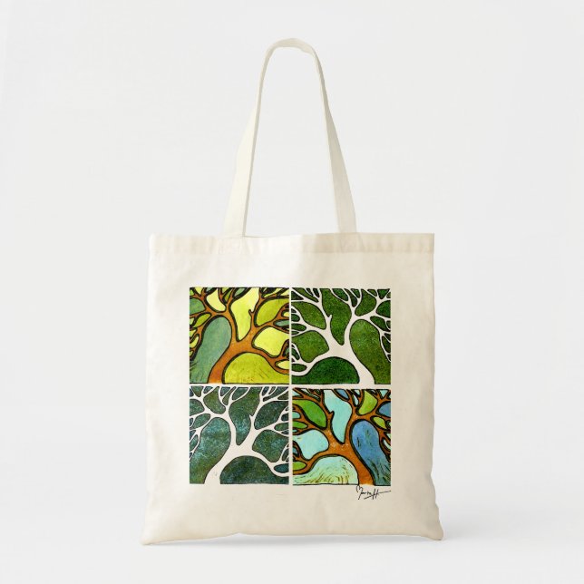 4 Trees in Watercolor and Pen & Ink Tote Bag (Front)