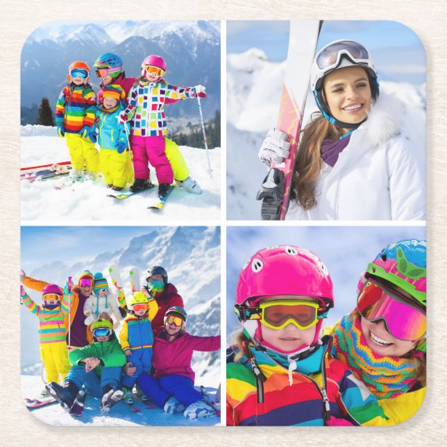 4 Winter Vacation Photo Grid Collage Square Paper Coaster (Front)