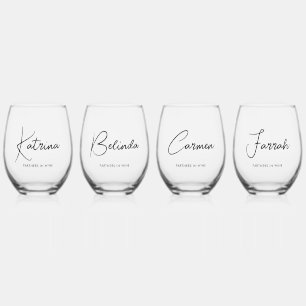4 x Elegant Handwritten Script Names & Custom Text Stemless Wine Glass